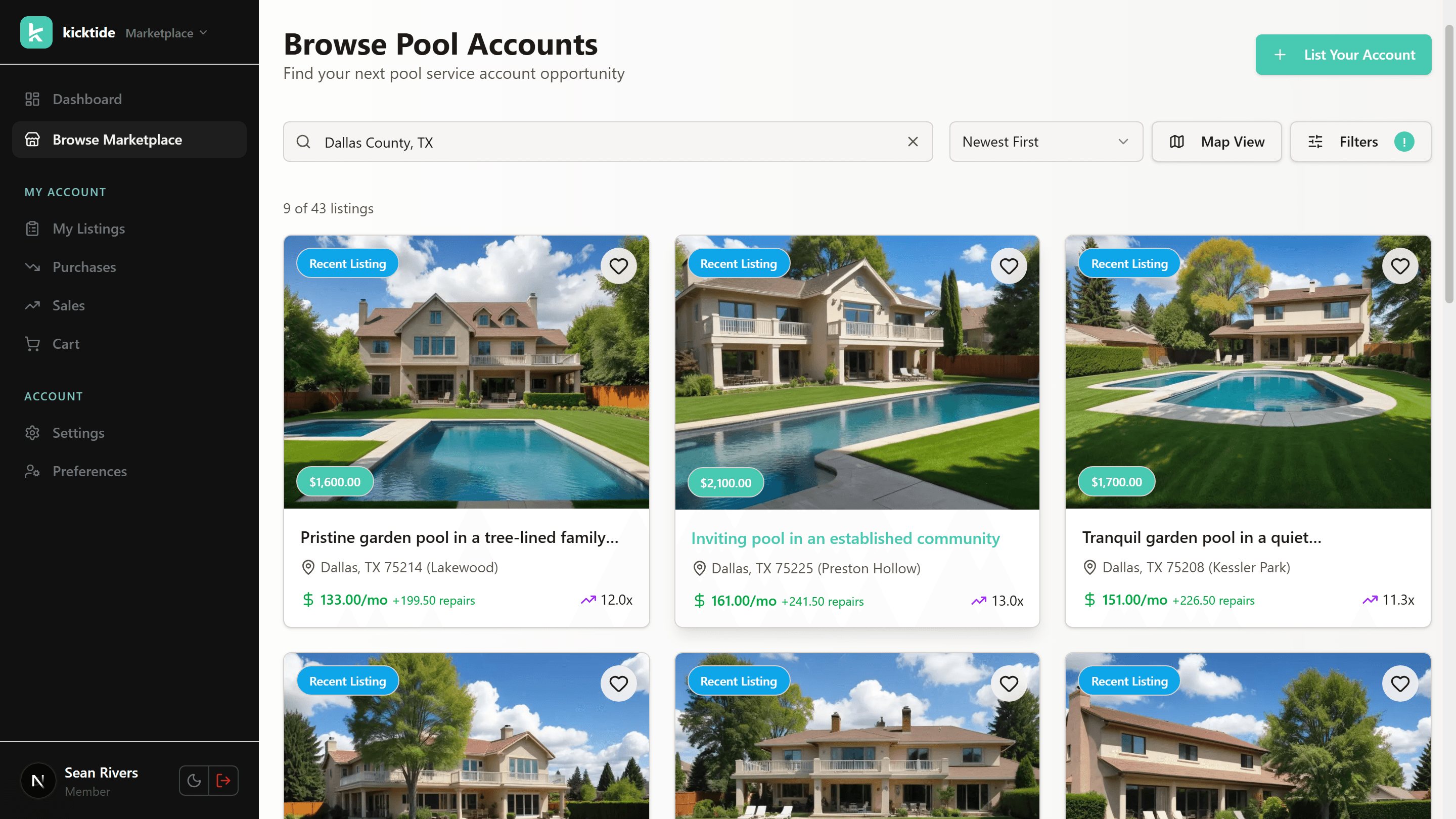 Browsing pool service accounts across North Texas on the Kicktide marketplace — listings with photos, monthly revenue, and asking prices.